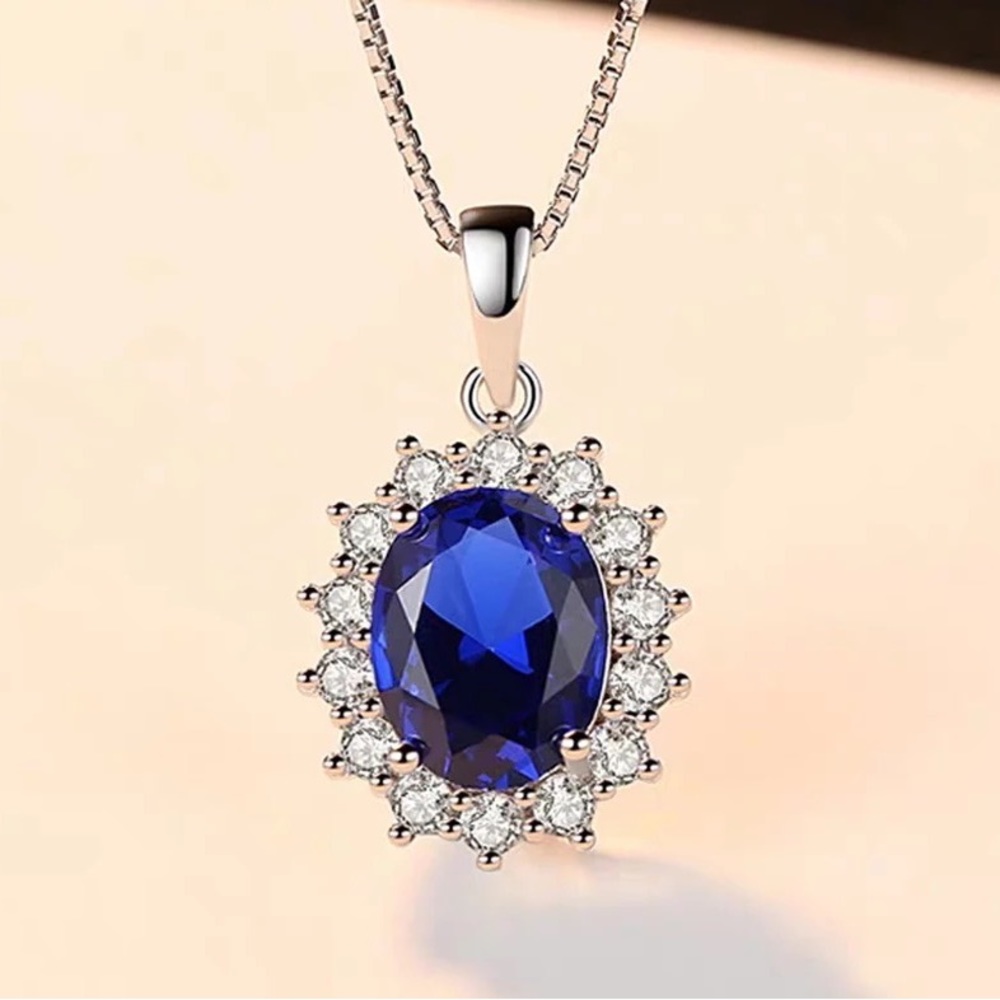 Blue Sapphire Pendant Necklace Tibetan Silver Chain Necklace Wedding Jewelry